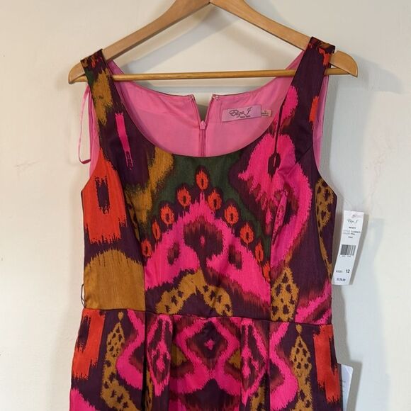 Nordstrom Eliza J NWT Ikat Print Sleeveless Dress 12 Pink Green Gold Fit & Flare - Picture 3 of 12